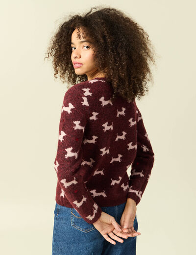 Pull de no&euml;l col rond manches longues prune femme