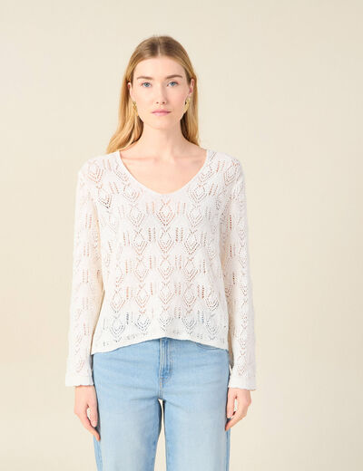 Pull ajour&eacute; col v manches longues ecru femme
