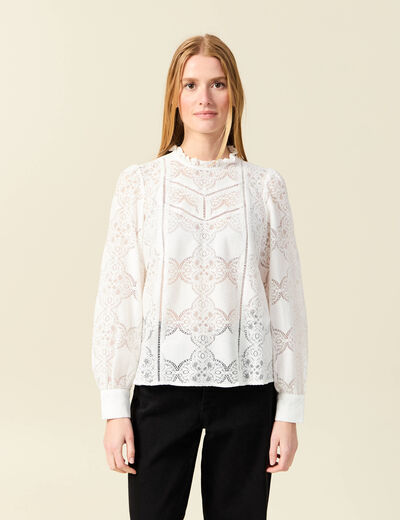 Blouse cintrée dentelle manches longues ecru femme