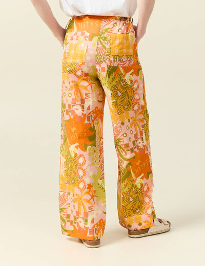 Pantalon large taille haute en coton orange corail femme