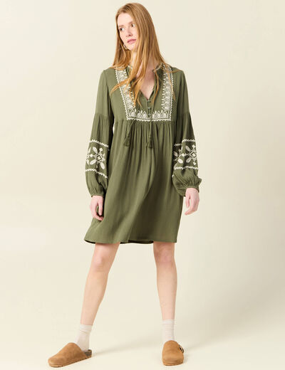 Robe brodée éco-responsable vert kaki femme