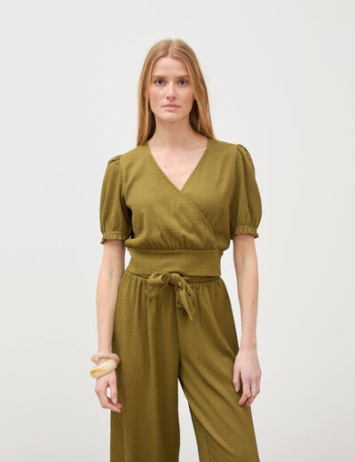 Blouse cropped manches courtes vert kaki femme