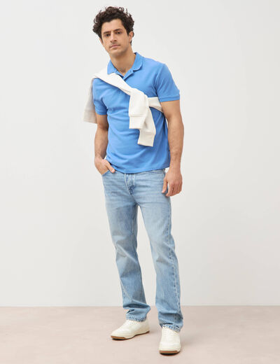 Polo cintr&eacute; en coton manches courtes bleu violet homme