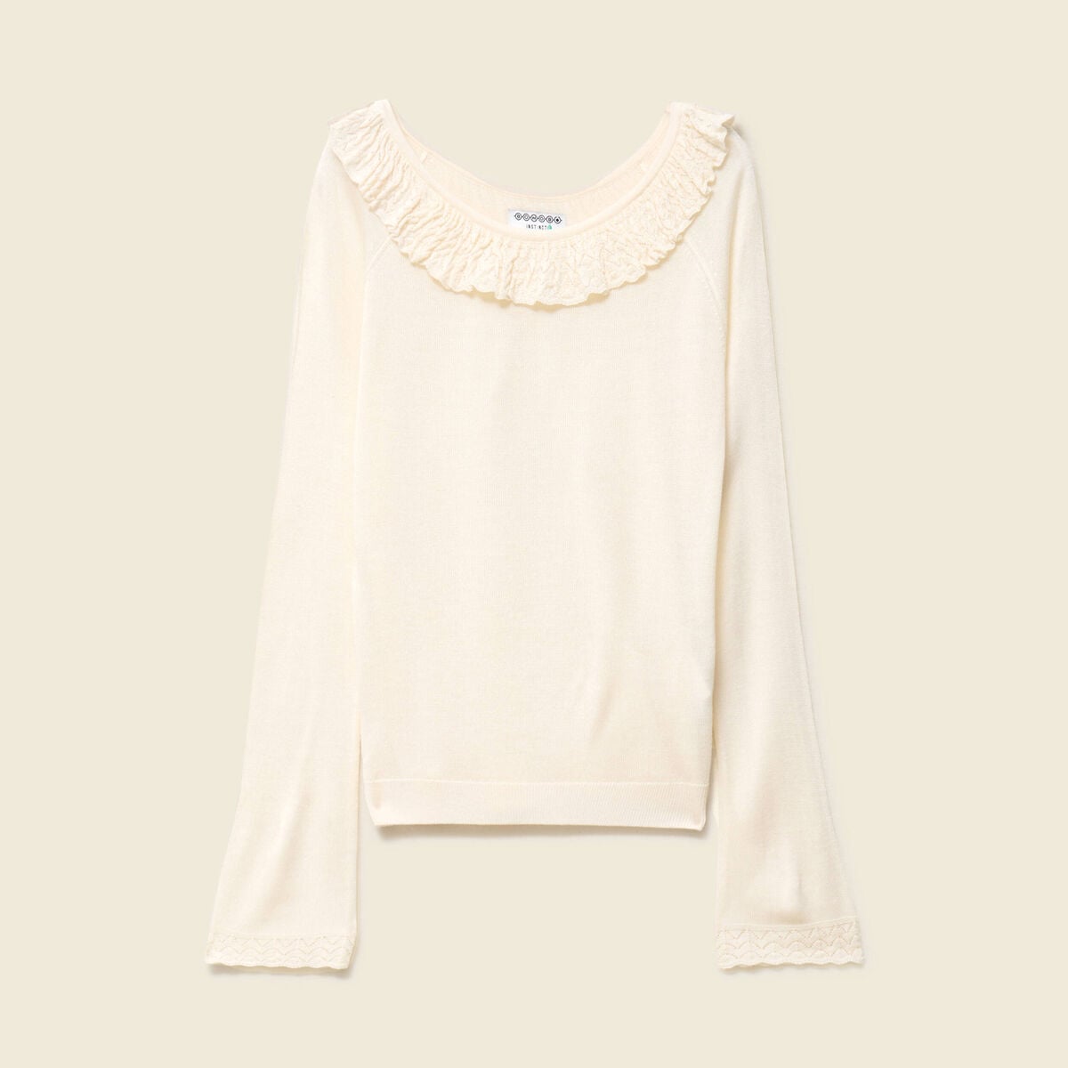 Pull col rond &agrave; volants manches longues ivoire femme