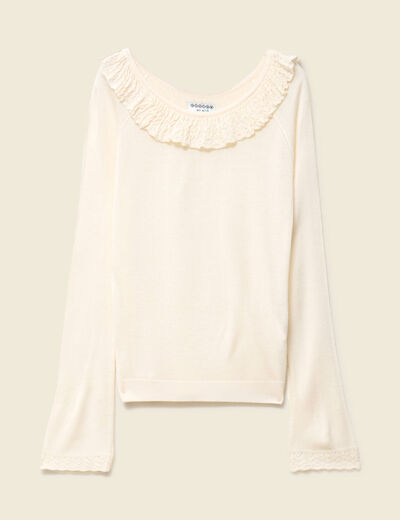Pull col rond &agrave; volants manches longues ivoire femme