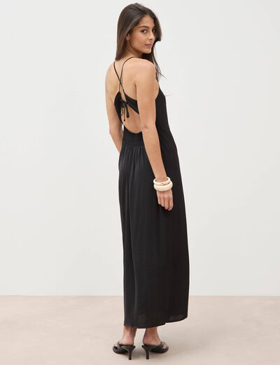 Robe satin&eacute;e bretelles col v noir femme