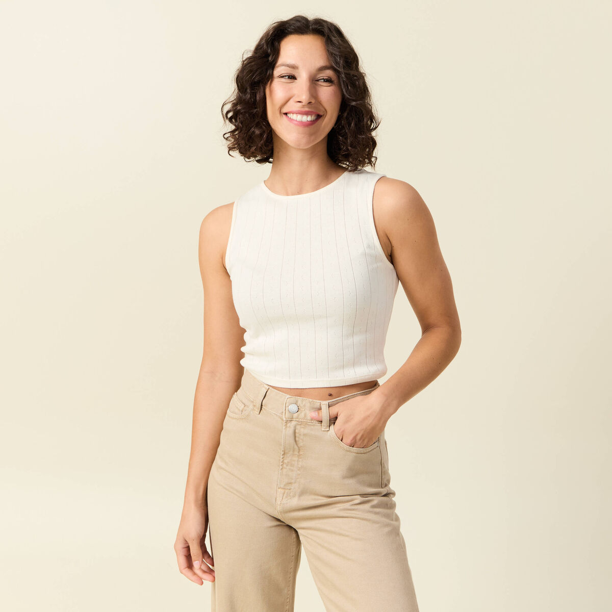 Débardeur cropped col rond en coton ivoire femme