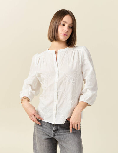 Chemise manches 3/4 brodée ecru femme
