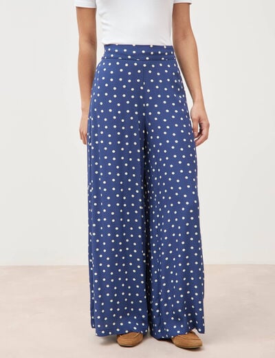 Pantalon large taille haute bleu marine femme
