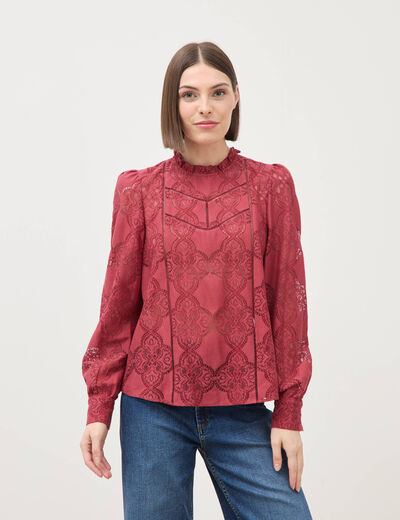 Blouse cintr&eacute;e dentelle manches longues rouge fonc&eacute; femme