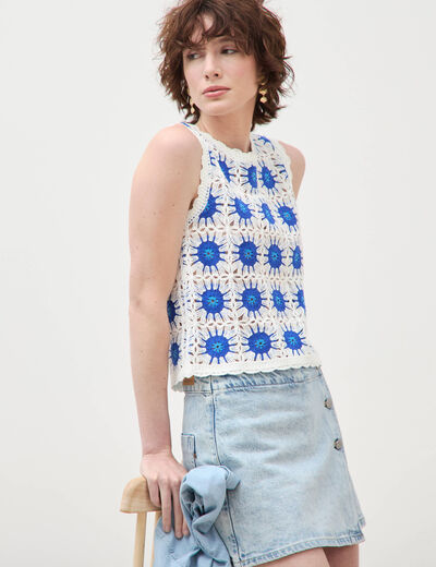 D&eacute;bardeur crochet col rond sans manches bleu electrique femme
