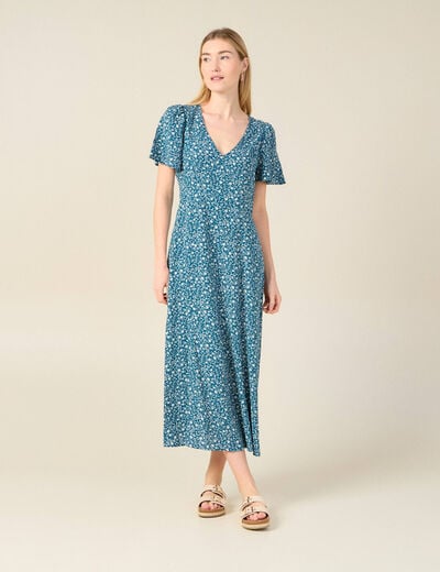 Robe longue droite col v manches courtes bleu femme