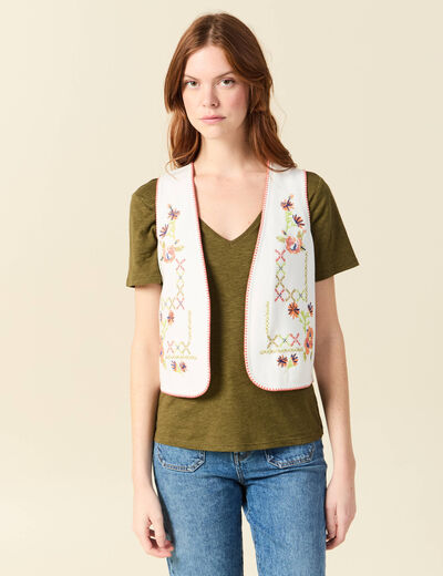 Cardigan droit court brod&eacute; sans manches ecru femme