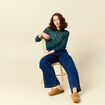 Pull ajour&eacute; manches longues col rond vert canard femme