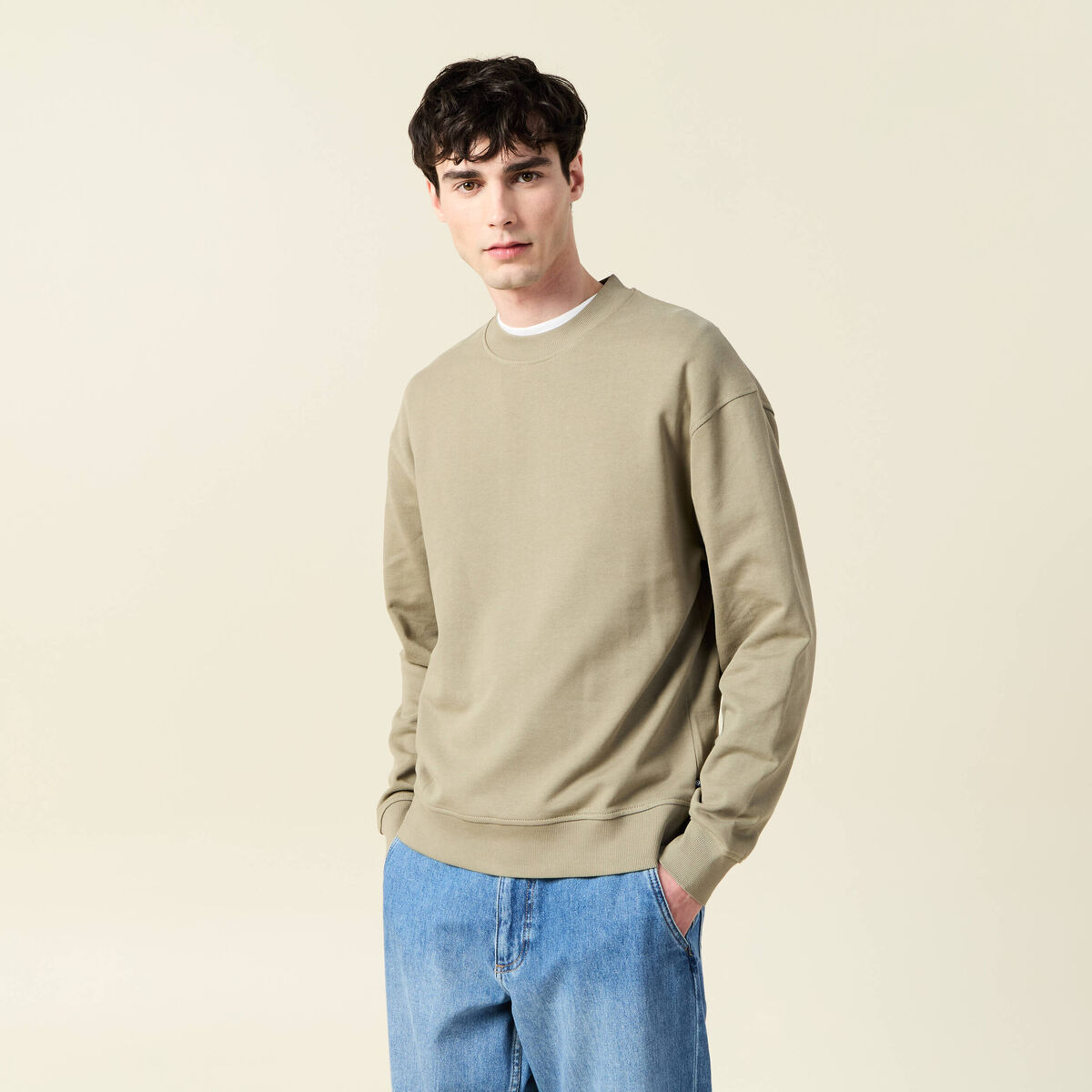 Sweat col rond manches longues en coton vert kaki homme