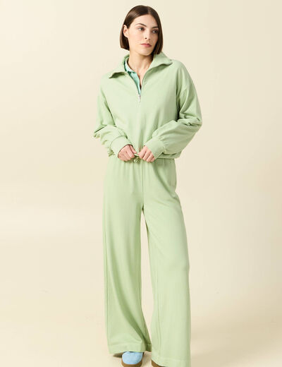 Pantalon large taille haute fluide vert clair femme