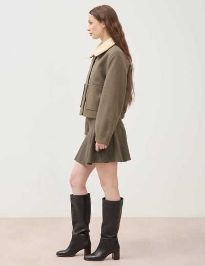 Blouson court oversize col sherpa vert kaki femme