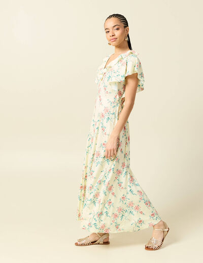 Robe longue &eacute;vas&eacute;e col v manches courtes jaune pastel femme