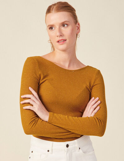 T-shirt manches longues brillant marron cognac femme