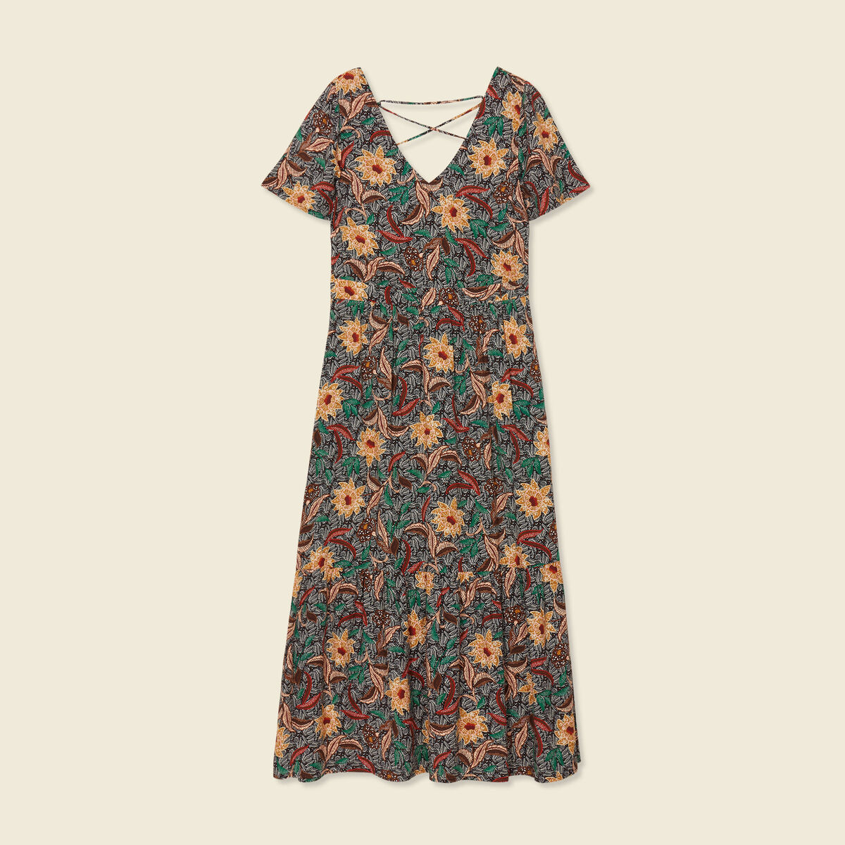 Robe longue évasée dos ouvert noir femme