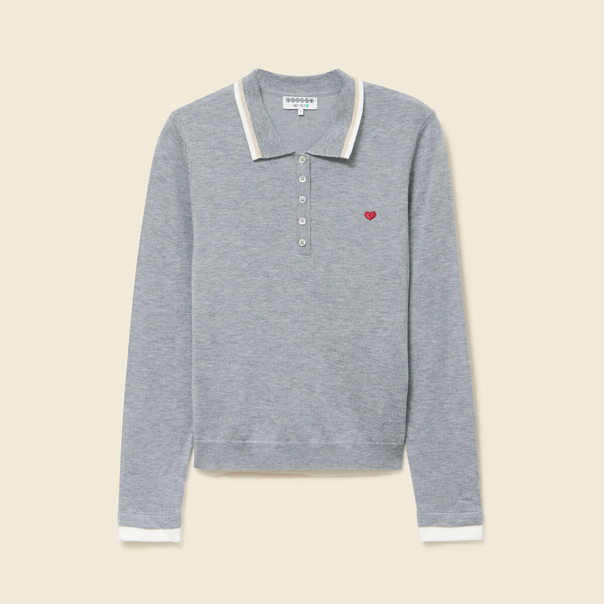 Polo manches longues avec c&oelig;ur brod&eacute; gris clair femme
