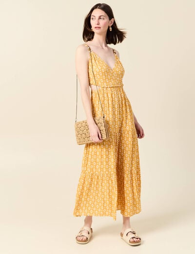 Robe longue évasée à perles jaune femme