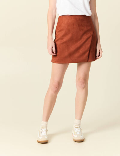 Jupe droite suédine marron cognac femme