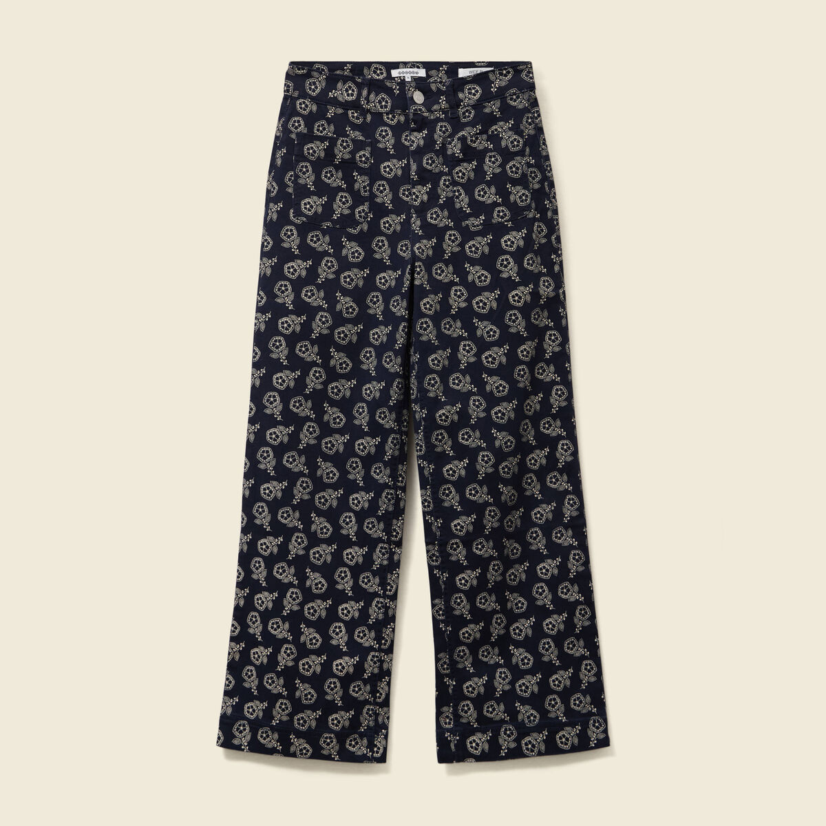 Pantalon large cropped taille haute bleu marine femme