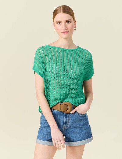 Pull oversize ajour&eacute; col bateau vert menthe femme
