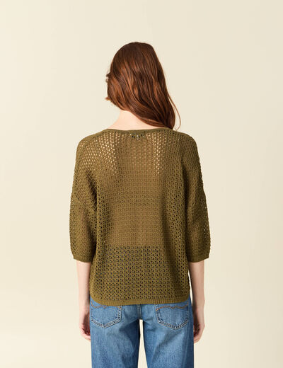 Pull ajour&eacute; col v manches 3/4 vert olive femme