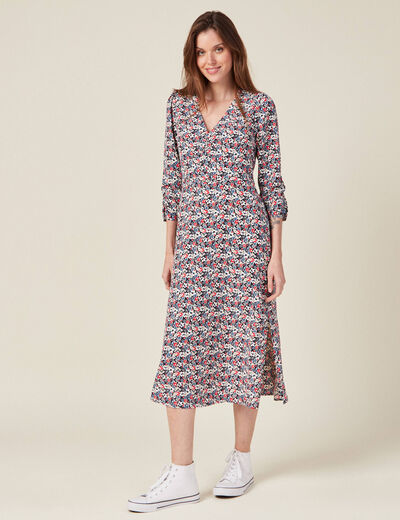 Robe cintr&eacute;e col v manches longues bleu marine femme