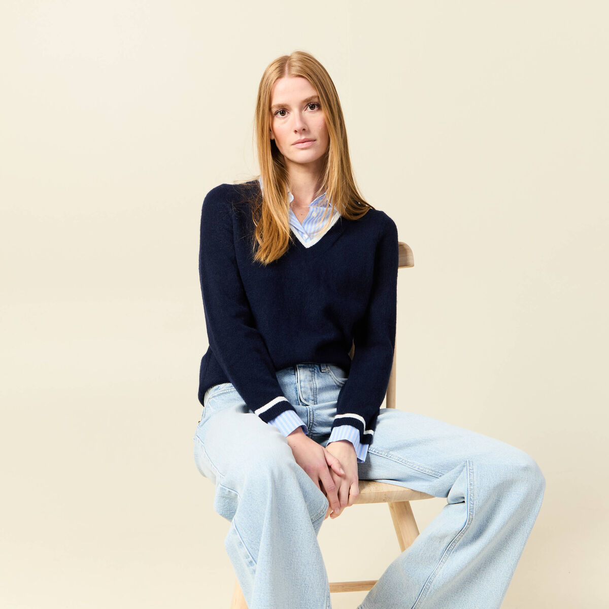 Pull manches longues 2-en-1 bleu foncé femme