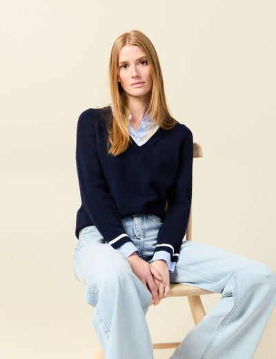 Pull manches longues 2-en-1 bleu foncé femme