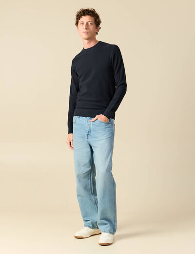 Pull fin col rond manches longues bleu marine homme
