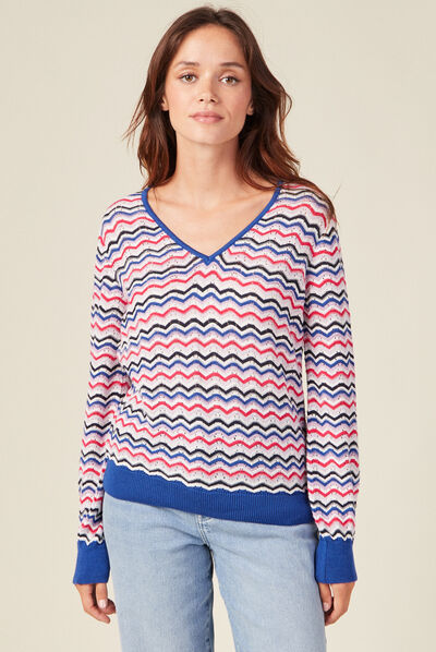 Pull manches longues col en V bleu electrique femme