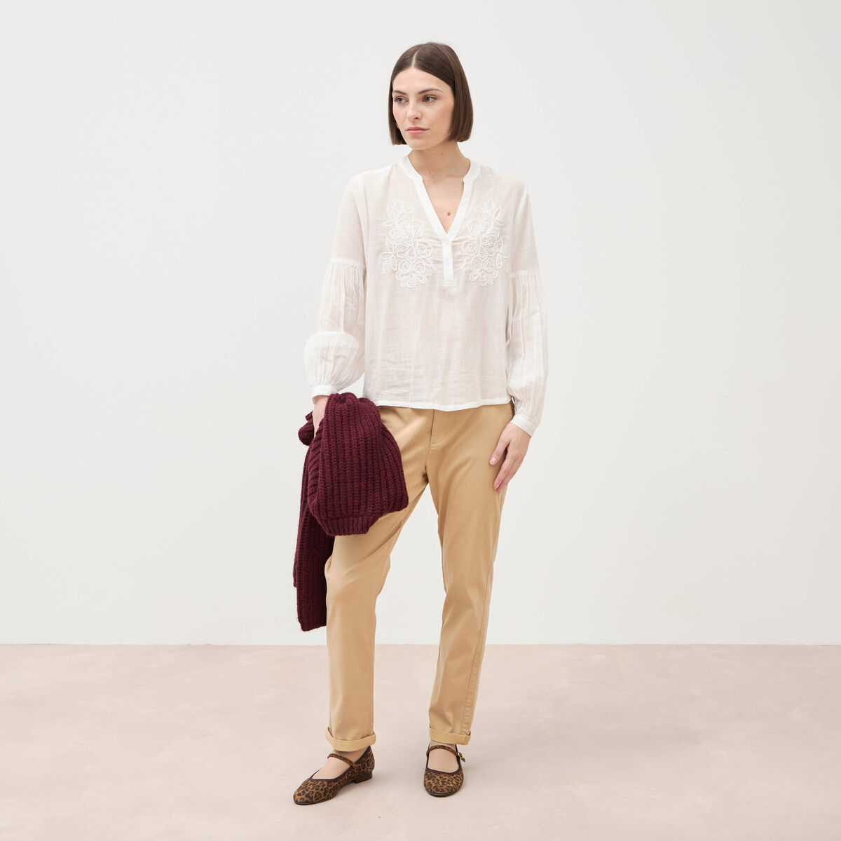 Chino cigarette 7/8&egrave;me taille haute marron clair femme