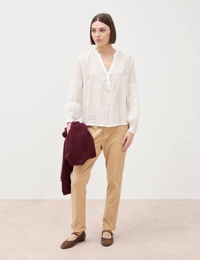 Chino cigarette 7/8&egrave;me taille haute marron clair femme