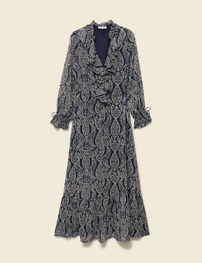 Robe longue &eacute;vas&eacute;e col v manches longues bleu marine femme