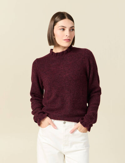 Pull col montant manches longues bordeaux femme
