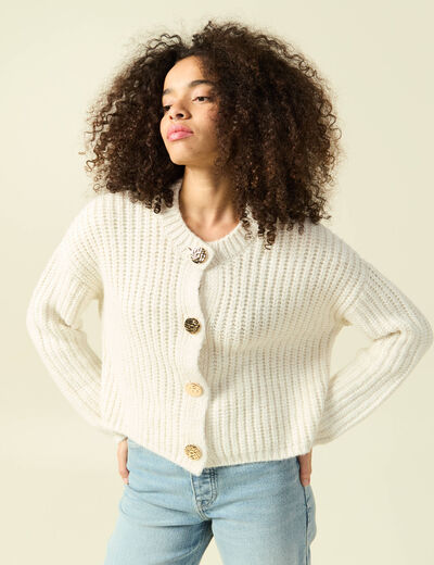 Gilet droit court manches longues creme femme
