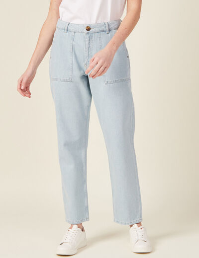 Jeans cargo taille haute denim bleach femme