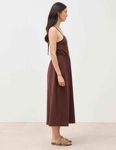 Robe bretelle col carr&eacute; en coton marron fonc&eacute; femme