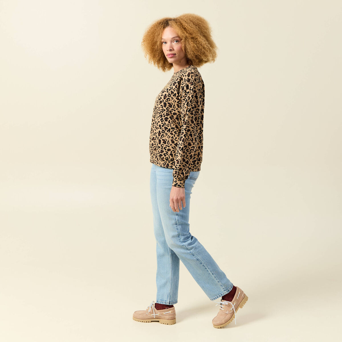 Sweat col rond manches longues beige femme