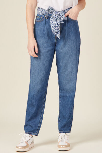 Jeans slouchy ceinture foulard denim stone femme