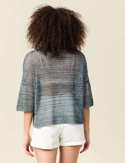 Pull manches courtes ajouré bleu clair femme