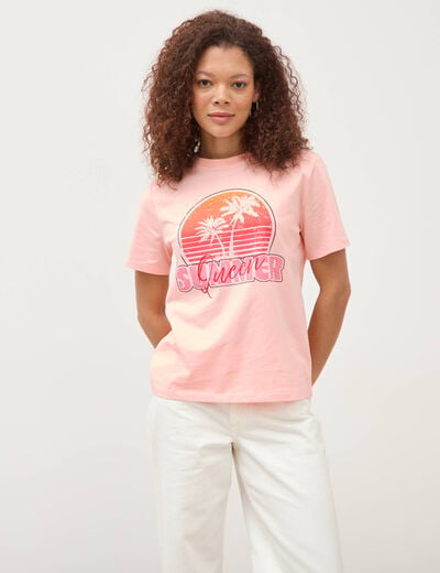 T-shirt droit col rond manches courtes rose saumon femme