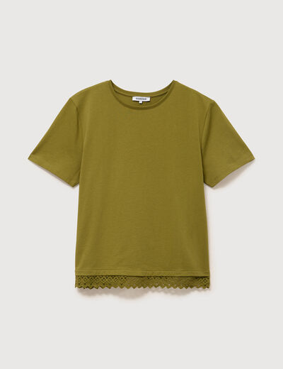 T-shirt droit col rond manches courtes vert kaki femme