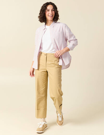 Pantalon large cropped taille haute beige femme