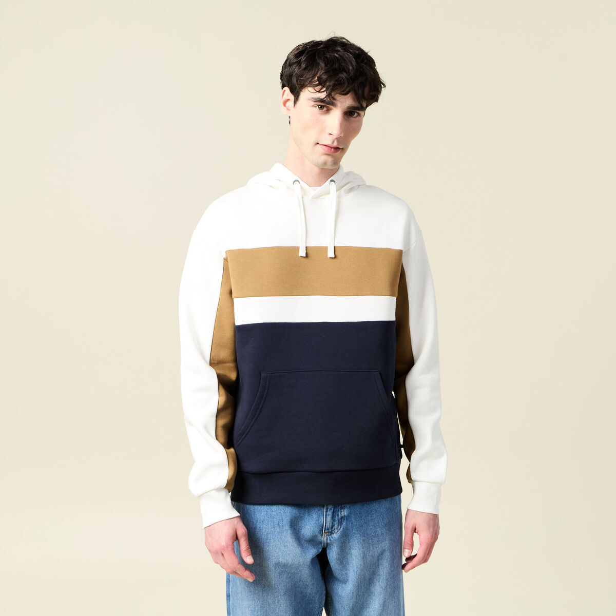 Sweat à capuche manches longues ecru homme