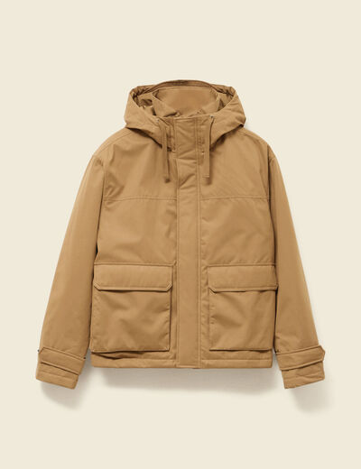 Parka droite courte &agrave; capuche beige homme